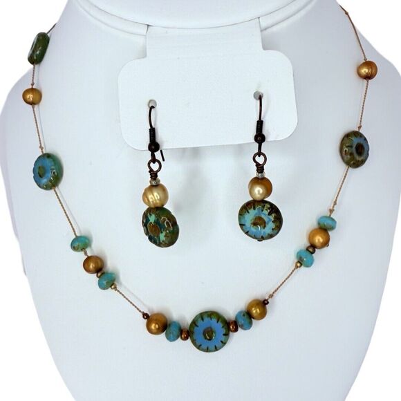 Blue & Gold Glass Beaded Pearl Necklace Jewelry Set 17" Earrings Artesian Signed - Picture 1 of 11